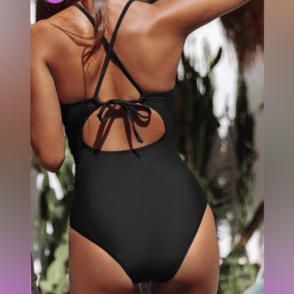 Cupshe large black high neck tummy control swimsuit bathing suit lace up back - Picture 4 of 16